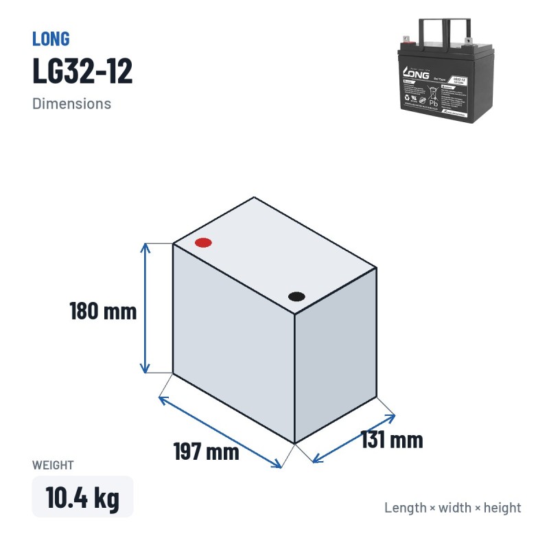 Wheelchair battery Long LG32-12 12V 32Ah GEL – dimensions 197 × 131 × 180 mm