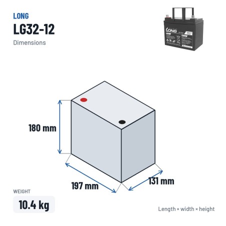 Batería de silla de ruedas Long LG32-12 12V 32Ah GEL – medidas 197 × 131 × 180 mm