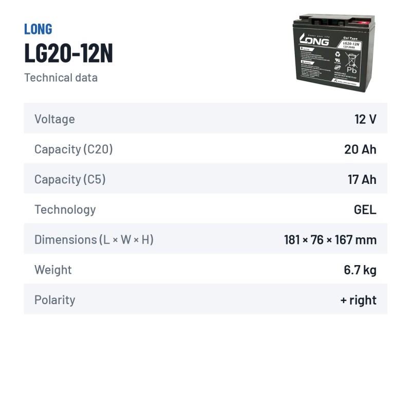 Wheelchair battery Long LG20-12N 12V 20Ah GEL – technical data
