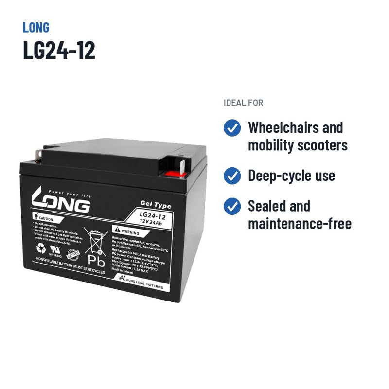 Batteria per carrozzina Long LG24-12 12V 24Ah GEL – usi consigliati