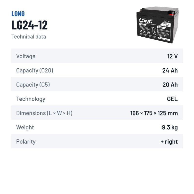 Batteria per carrozzina Long LG24-12 12V 24Ah GEL – scheda tecnica