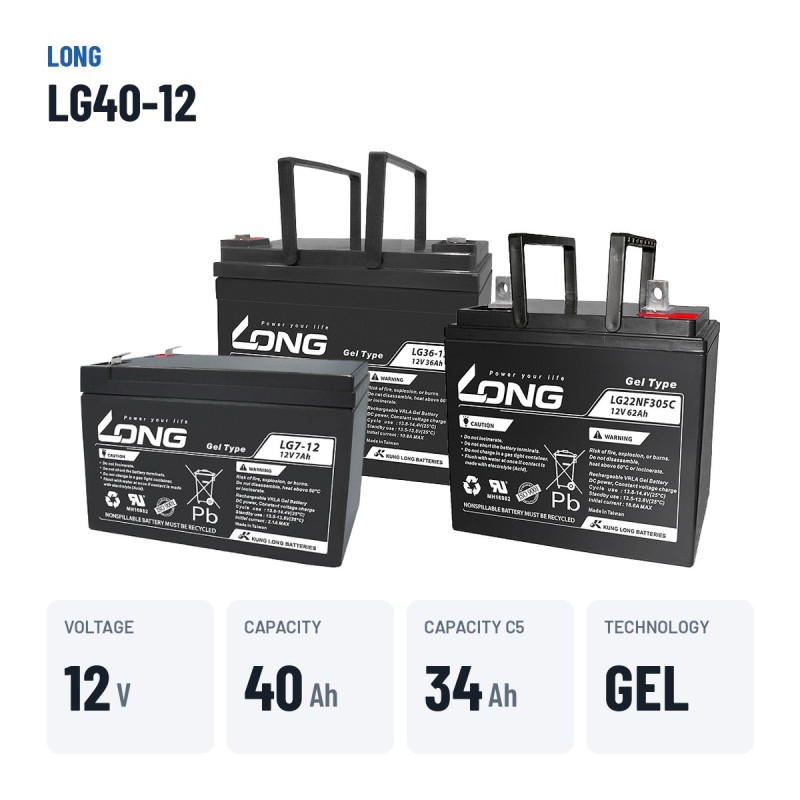 Wheelchair battery Long LG40-12 12V 40Ah GEL – key specs