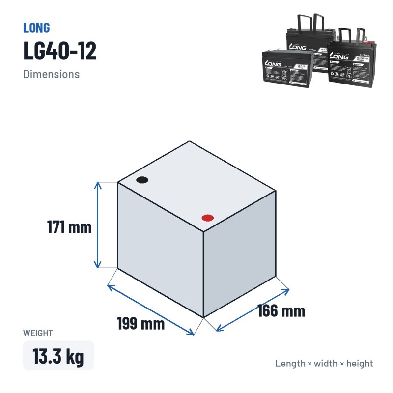 Batería de silla de ruedas Long LG40-12 12V 40Ah GEL – medidas 199 × 166 × 171 mm