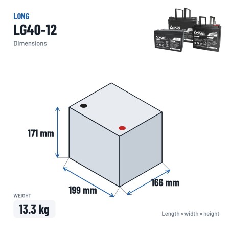 Rollstuhlbatterie Long LG40-12 12V 40Ah GEL – Abmessungen 199 × 166 × 171 mm