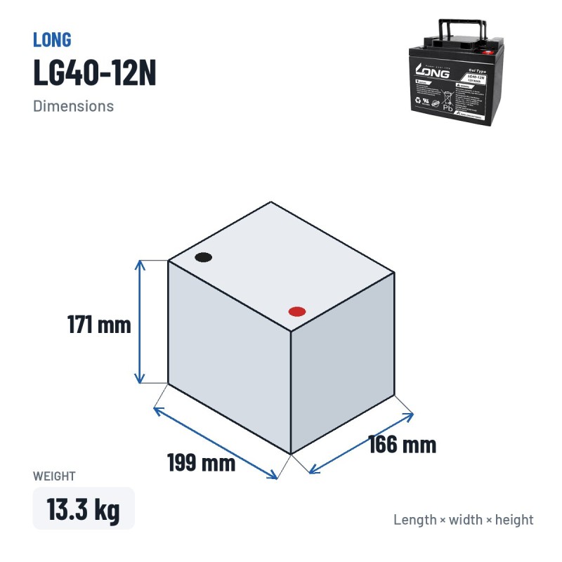 Wheelchair battery Long LG40-12N 12V 40Ah GEL – dimensions 199 × 166 × 171 mm
