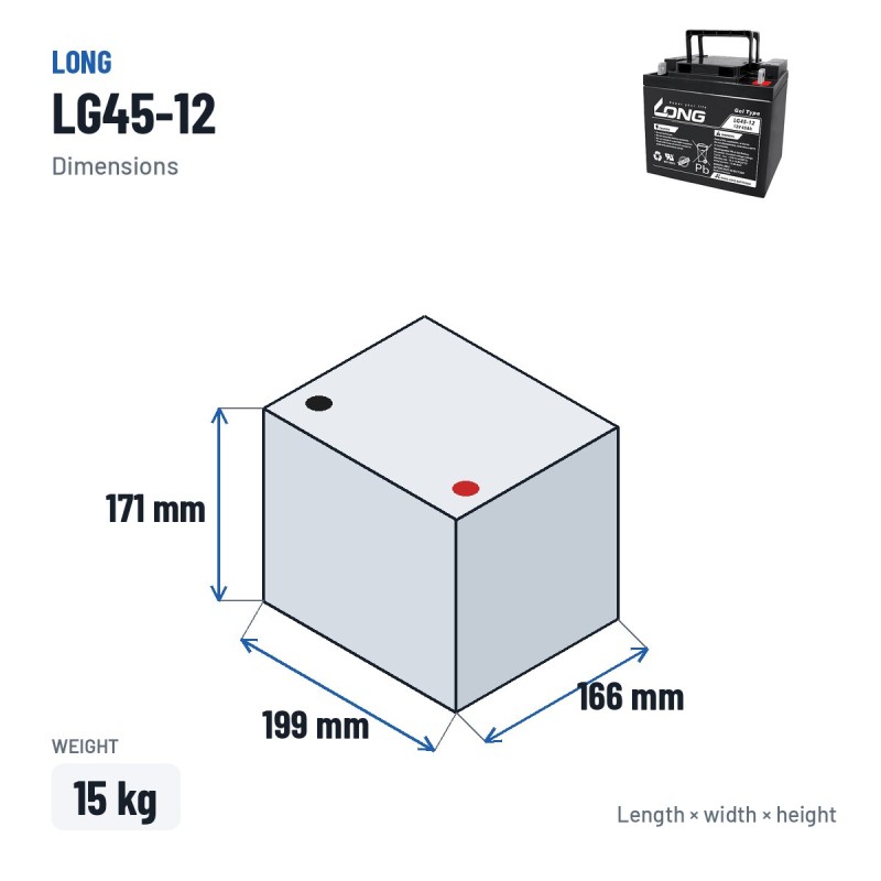 Bateria de cadeira de rodas Long LG45-12 12V 45Ah GEL – medidas 199 × 166 × 171 mm