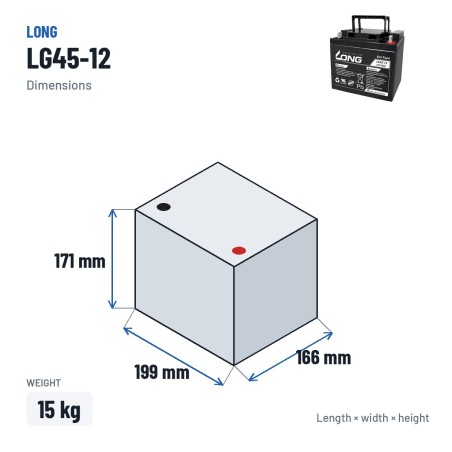 Bateria de cadeira de rodas Long LG45-12 12V 45Ah GEL – medidas 199 × 166 × 171 mm