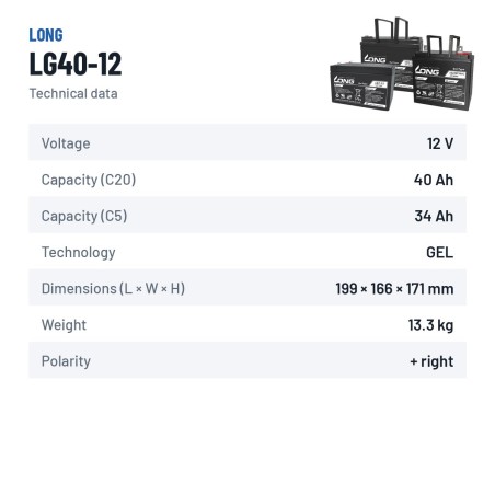 Batería de silla de ruedas Long LG40-12 12V 40Ah GEL – ficha técnica
