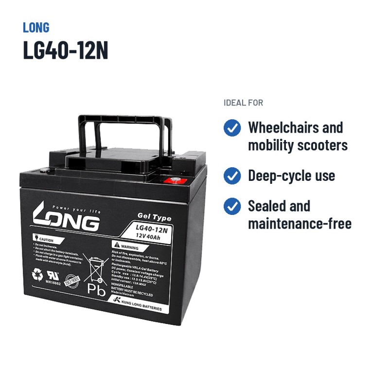 Bateria de cadeira de rodas Long LG40-12N 12V 40Ah GEL – utilizações recomendadas
