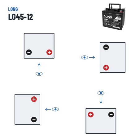 Bateria de cadeira de rodas Long LG45-12 12V 45Ah GEL – polaridade (esquema 0, + direita)