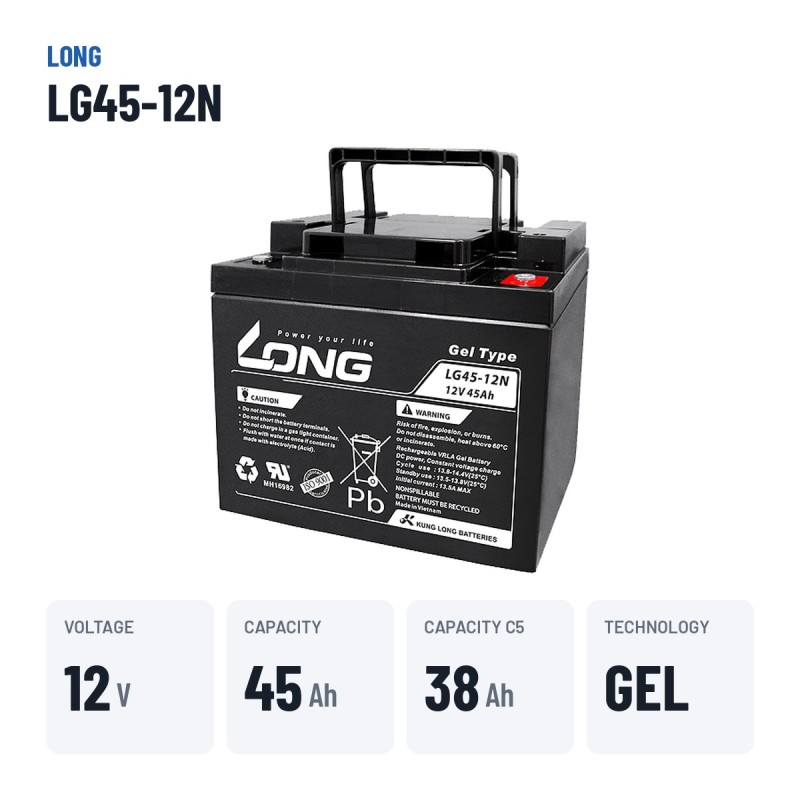 Batterie fauteuil roulant Long LG45-12N 12V 45Ah GEL – caractéristiques clés
