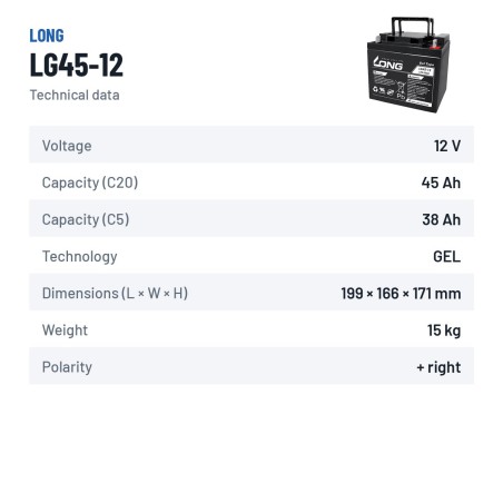 Batteria per carrozzina Long LG45-12 12V 45Ah GEL – scheda tecnica