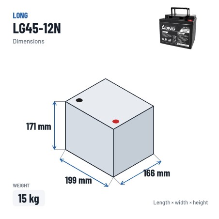 Bateria de cadeira de rodas Long LG45-12N 12V 45Ah GEL – medidas 199 × 166 × 171 mm