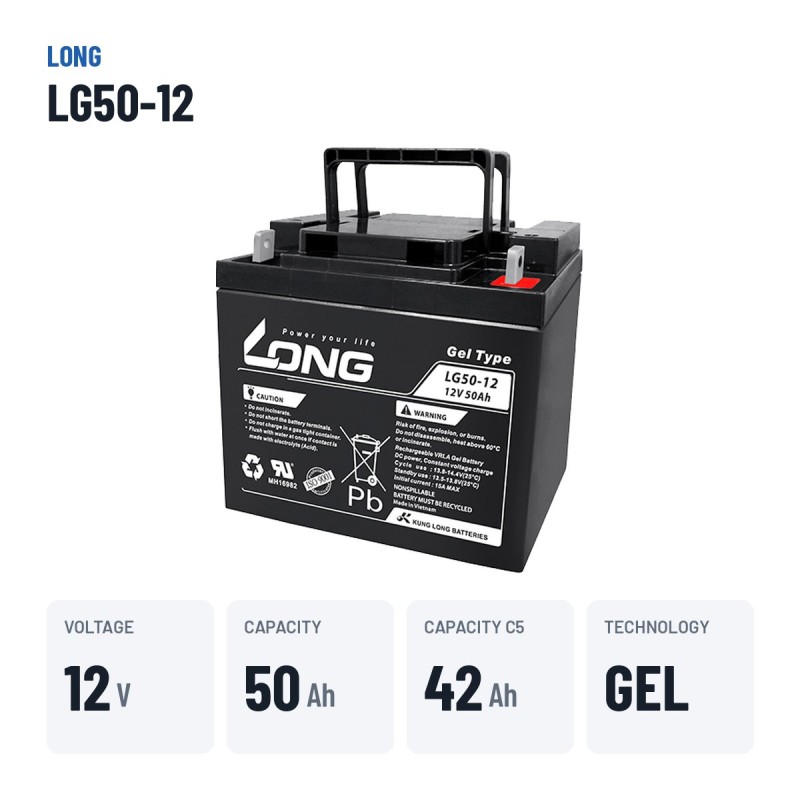 Wheelchair battery Long LG50-12 12V 50Ah GEL – key specs
