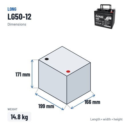 Wheelchair battery Long LG50-12 12V 50Ah GEL – dimensions 199 × 166 × 171 mm
