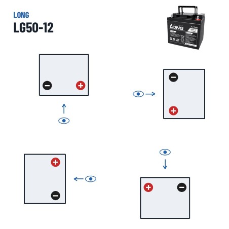 Wheelchair battery Long LG50-12 12V 50Ah GEL – polarity (layout 0, + right)