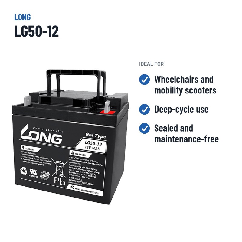 Batteria per carrozzina Long LG50-12 12V 50Ah GEL – usi consigliati