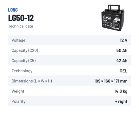 Wheelchair battery Long LG50-12 12V 50Ah GEL – technical data