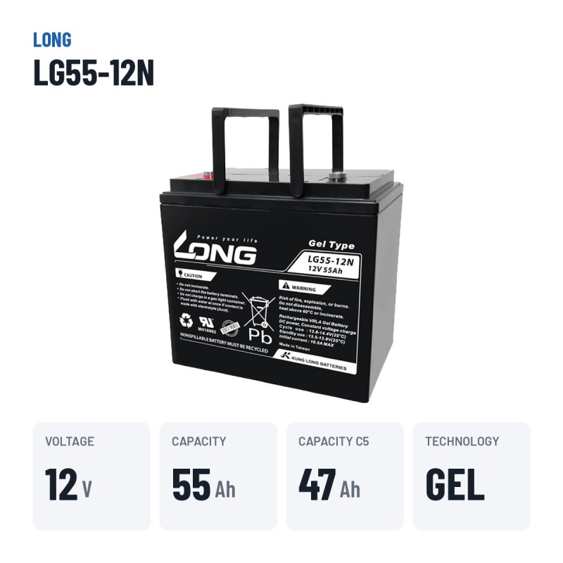 Bateria de cadeira de rodas Long LG55-12N 12V 55Ah GEL – dados principais