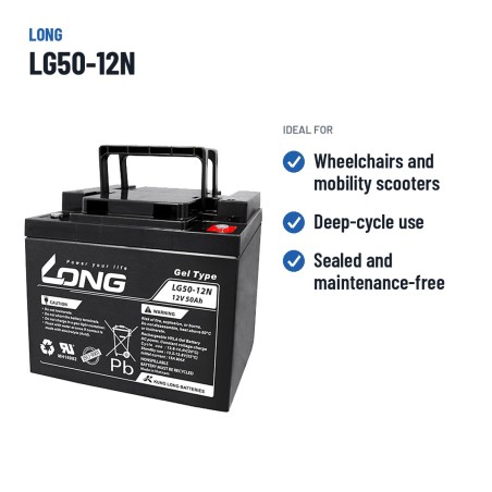 Batteria per carrozzina Long LG50-12N 12V 50Ah GEL – usi consigliati