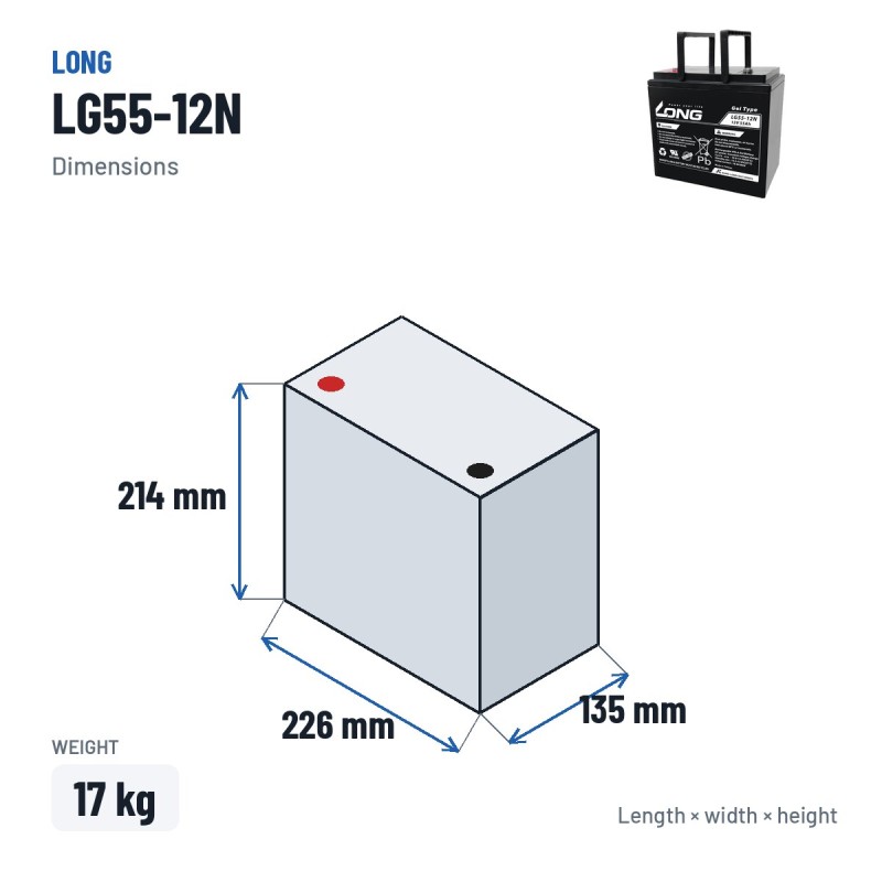 Rollstuhlbatterie Long LG55-12N 12V 55Ah GEL – Abmessungen 226 × 135 × 214 mm