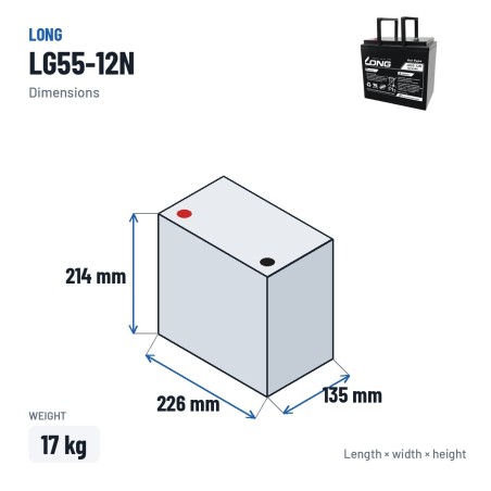 Bateria de cadeira de rodas Long LG55-12N 12V 55Ah GEL – medidas 226 × 135 × 214 mm