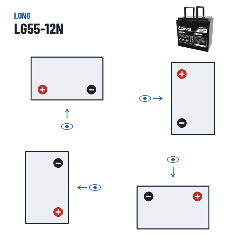 Batteria per carrozzina Long LG55-12N 12V 55Ah GEL – polarità (schema 1, + a sinistra)
