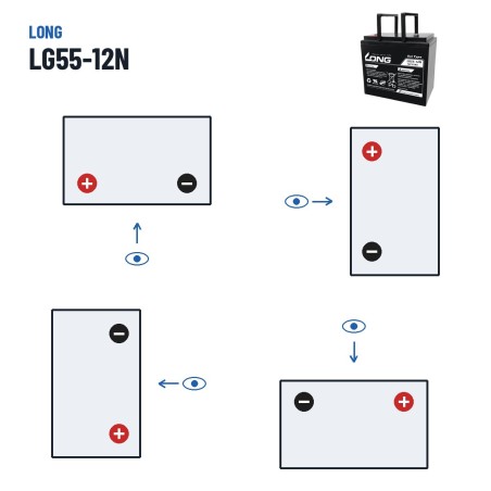 Bateria de cadeira de rodas Long LG55-12N 12V 55Ah GEL – polaridade (esquema 1, + esquerda)