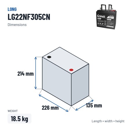Rollstuhlbatterie Long LG22NF305CN 12V 62Ah GEL – Abmessungen 226 × 135 × 214 mm