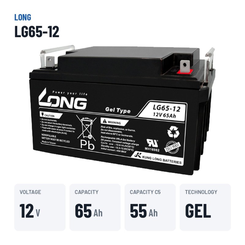 Batterie fauteuil roulant Long LG65-12 12V 65Ah GEL – caractéristiques clés