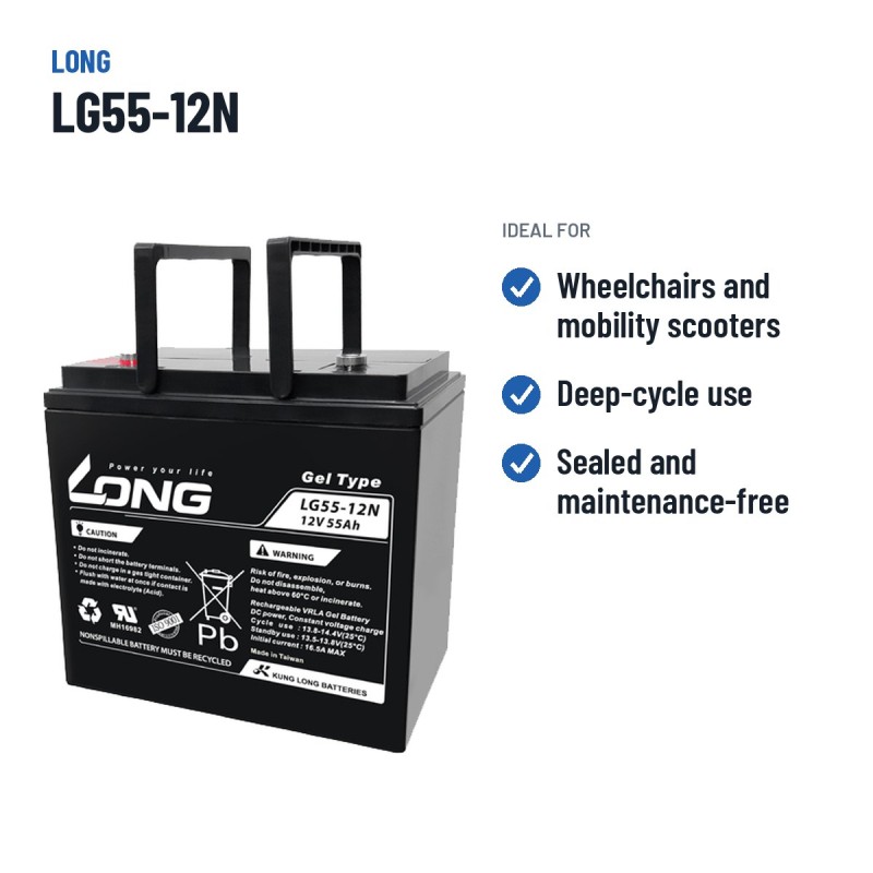 Rollstuhlbatterie Long LG55-12N 12V 55Ah GEL – empfohlene Einsatzbereiche
