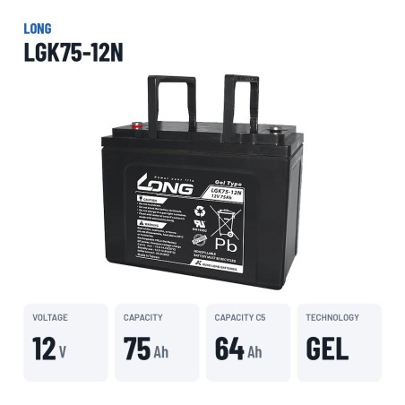 Wheelchair battery Long LGK75-12N 12V 75Ah GEL – key specs