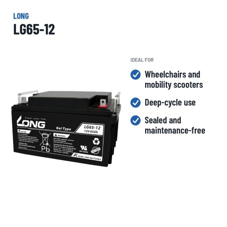 Batterie fauteuil roulant Long LG65-12 12V 65Ah GEL – utilisations recommandées