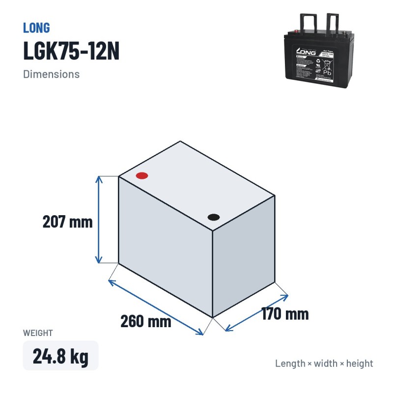 Batería de silla de ruedas Long LGK75-12N 12V 75Ah GEL – medidas 260 × 170 × 207 mm
