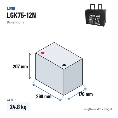 Batería de silla de ruedas Long LGK75-12N 12V 75Ah GEL – medidas 260 × 170 × 207 mm