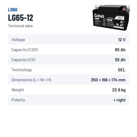 Batterie fauteuil roulant Long LG65-12 12V 65Ah GEL – fiche technique