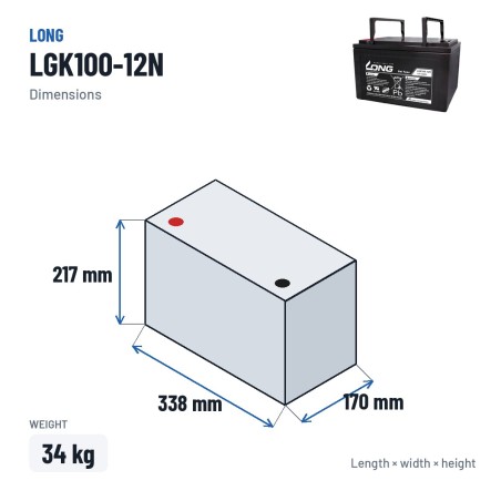 Batterie fauteuil roulant Long LGK100-12N 12V 100Ah GEL – dimensions 338 × 170 × 217 mm
