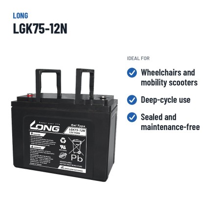 Batería de silla de ruedas Long LGK75-12N 12V 75Ah GEL – usos recomendados