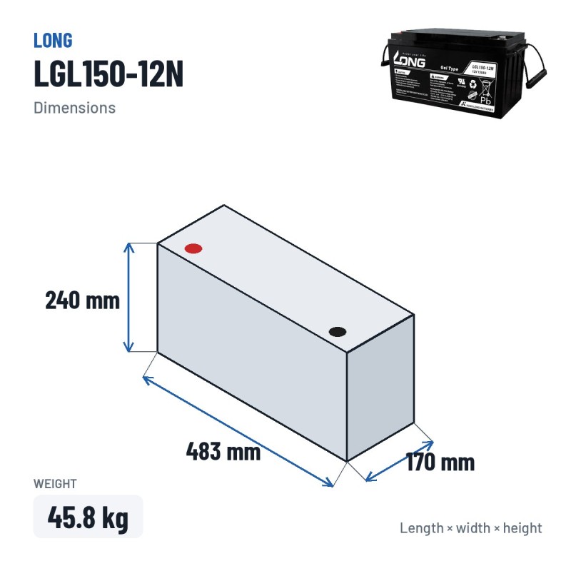 Rollstuhlbatterie Long LGL150-12N 12V 150Ah GEL – Abmessungen 483 × 170 × 240 mm