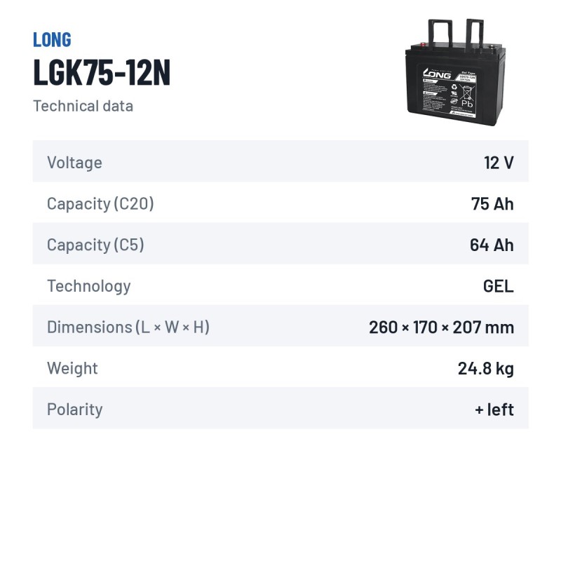 Batería de silla de ruedas Long LGK75-12N 12V 75Ah GEL – ficha técnica