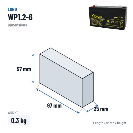 Stationary UPS battery Long WP1.2-6 6V 1.2Ah AGM – dimensions 97 × 25 × 57 mm