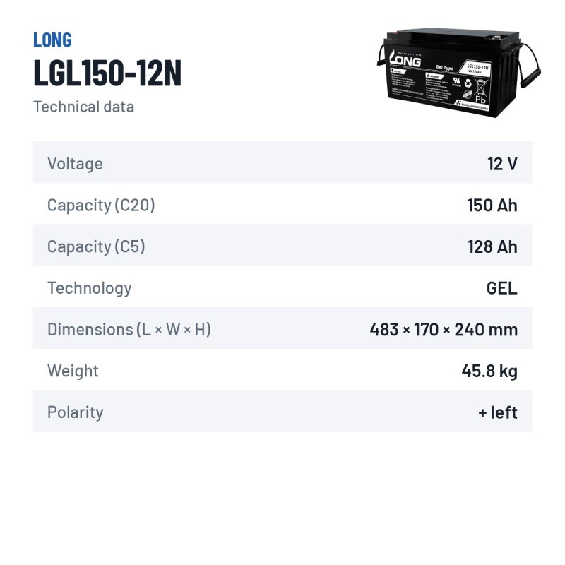 Rollstuhlbatterie Long LGL150-12N 12V 150Ah GEL – technische Daten
