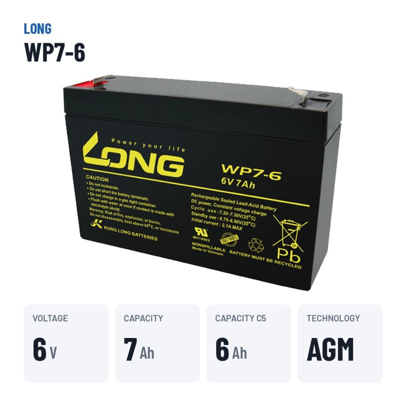 Batería estacionaria SAI/UPS Long WP7-6 6V 7Ah AGM – datos clave