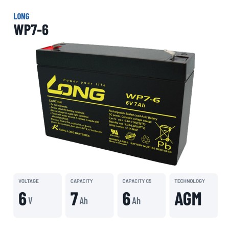 Batería estacionaria SAI/UPS Long WP7-6 6V 7Ah AGM – datos clave