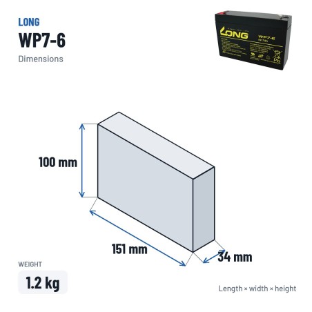 Batteria stazionaria UPS Long WP7-6 6V 7Ah AGM – dimensioni 151 × 34 × 100 mm