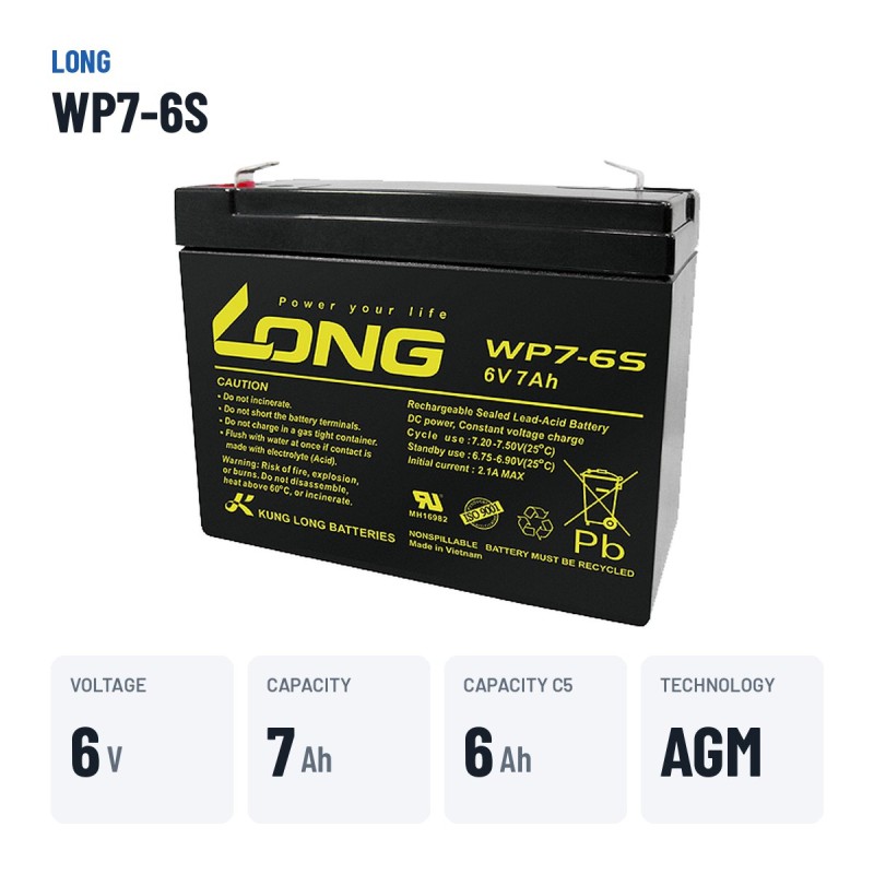 Batteria stazionaria UPS Long WP7-6S 6V 7Ah AGM – dati principali