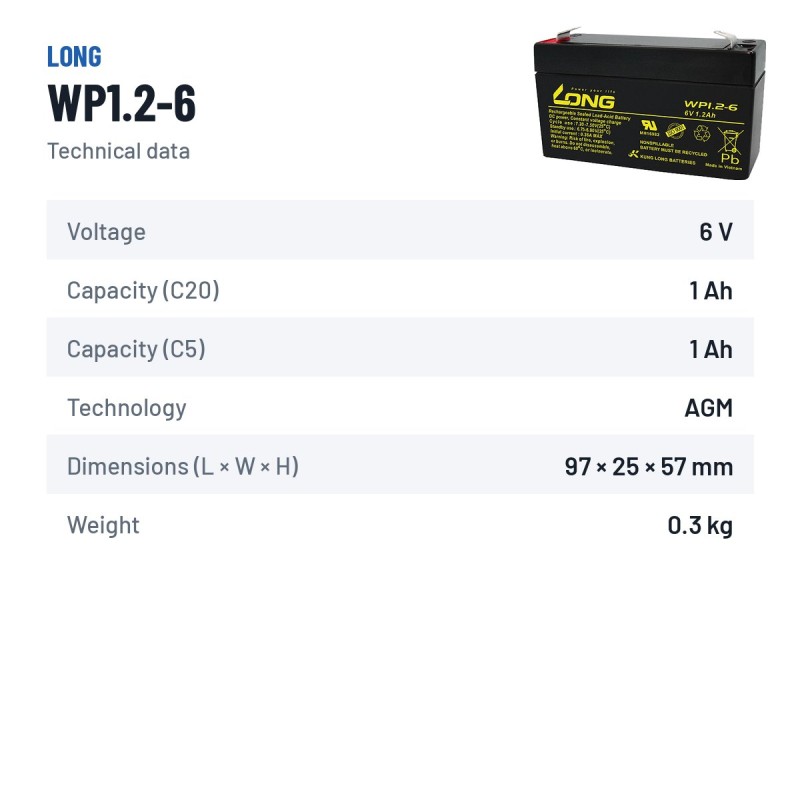 Bateria estacionária UPS Long WP1.2-6 6V 1.2Ah AGM | baterias.com