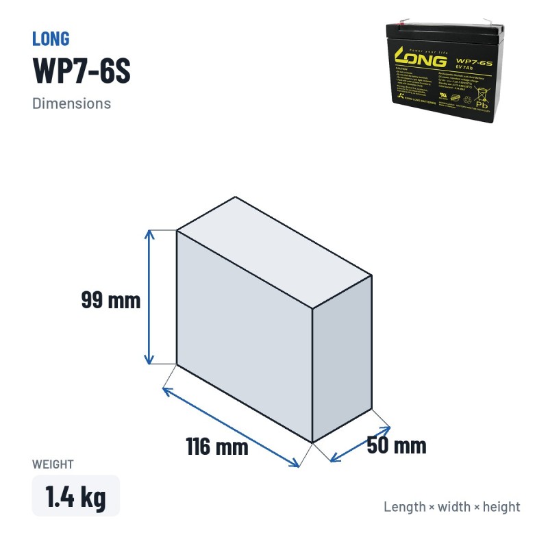 Batteria stazionaria UPS Long WP7-6S 6V 7Ah AGM – dimensioni 116 × 50 × 99 mm
