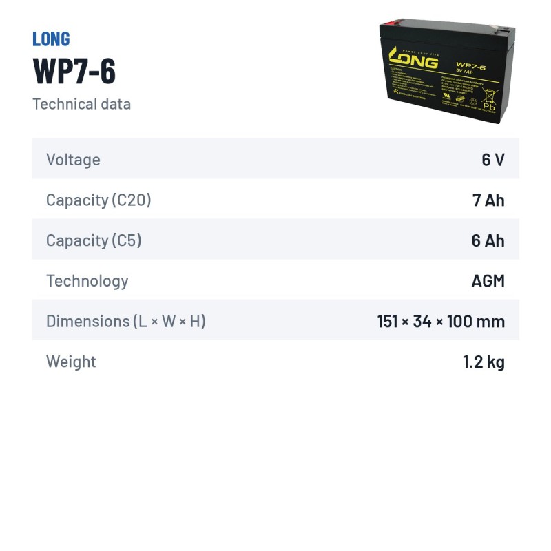 Batería estacionaria SAI/UPS Long WP7-6 6V 7Ah AGM – ficha técnica