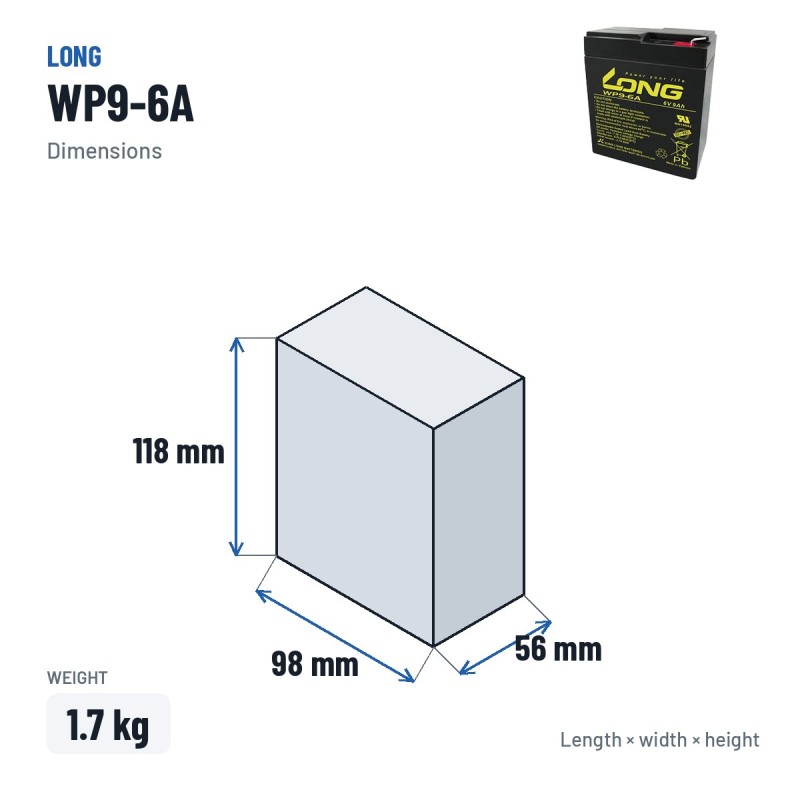 Batteria stazionaria UPS Long WP9-6A 6V 9Ah AGM – dimensioni 98 × 56 × 118 mm